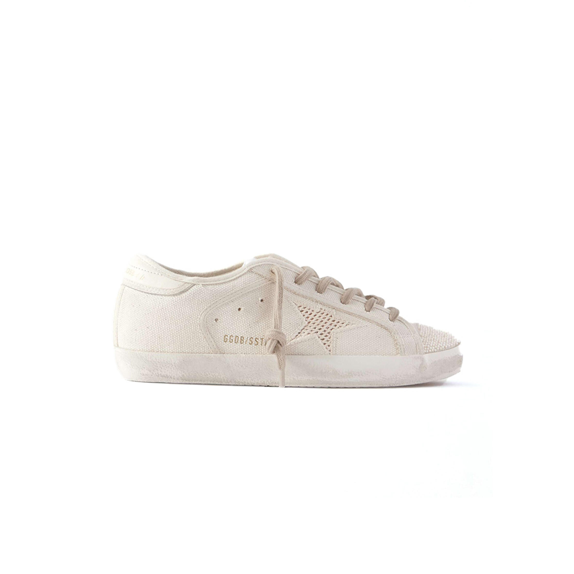 g01den G003e s*per-star leather-trimmed beaded canvas sneakers gwf00101.f007301.60338